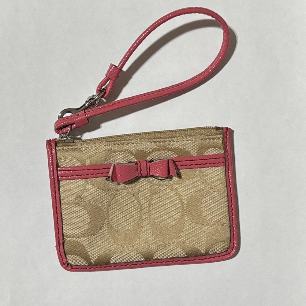 Coach Tan Wristlet wallet with Pink Trim